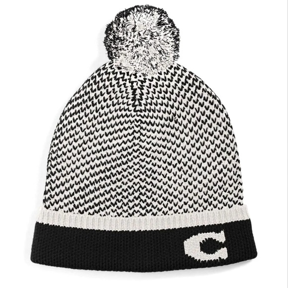 🖤 COACH COLORBLOCKED KNIT HAT WITH POM POM, BLACK & WHITE - Picture 1 of 1